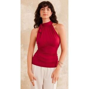 OGL Women Large Burgundy Red Halter Top Ruched Tie High Neck Tencel